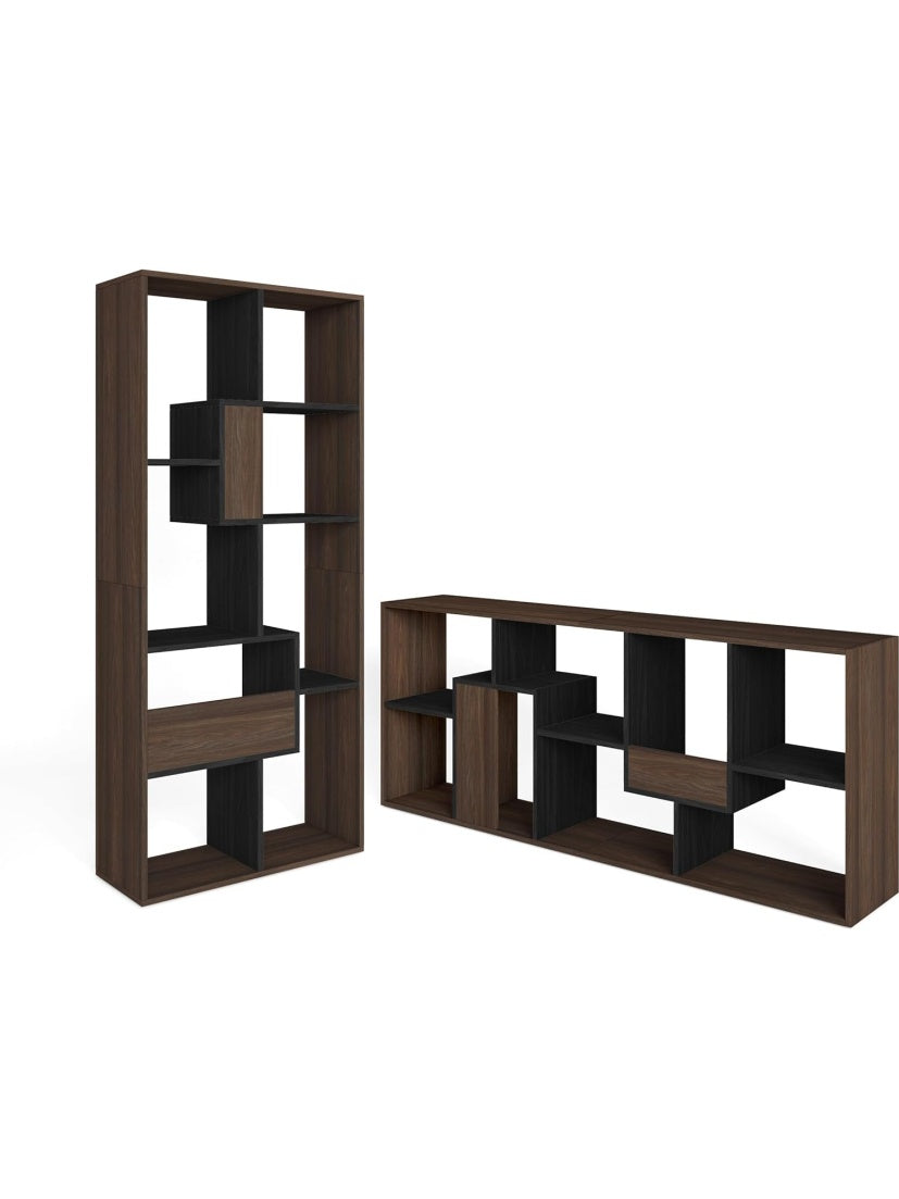 Libreria de Pared con Compartimentos de Almacenaje, Diseno Moderno en Roble Oscuro y Negro, 162 x 67 x 31 cm