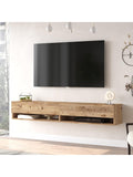 Mueble de TV Suspendido con 2 Puertas y Estantes Integrados, Diseno Flotante en Roble Rustico, 180 x 32 x 30 cm