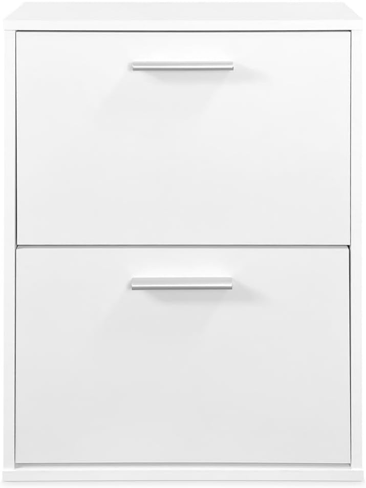 Organizador estrecho para zapatos de dos puertas, acabado blanco, ideal para entradas pequenas