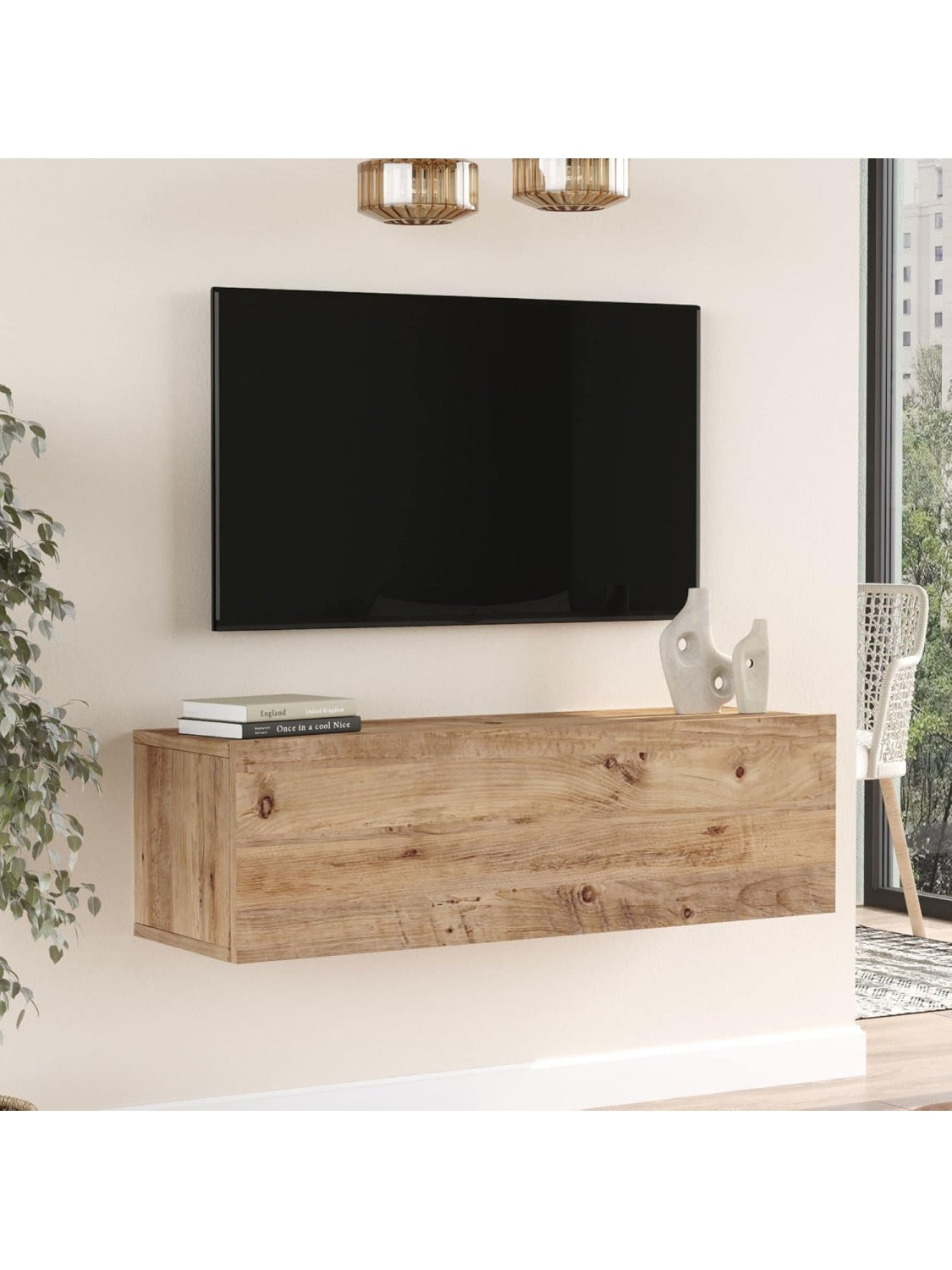 Mueble flotante para television con puerta abatible y acabado efecto roble rustico