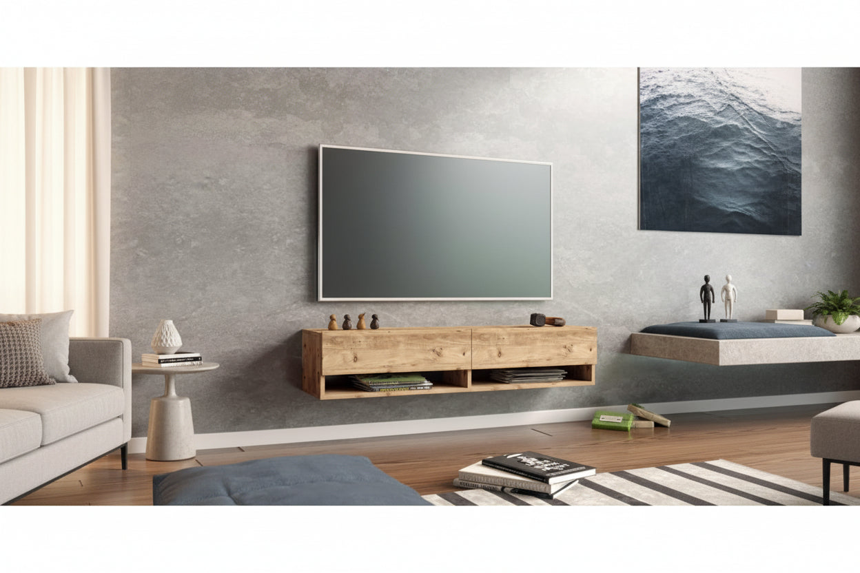 Mueble flotante para television con dos puertas, estantes abiertos y acabado roble rustico