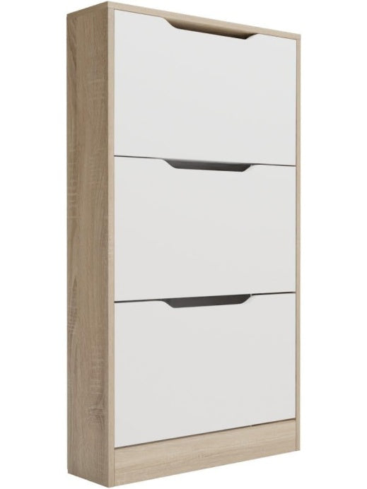 Zapatero Estrecho con 3 Puertas en Blanco y Cambria, Mueble Organizador para Calzado, 60 x 17.3 x 107 cm