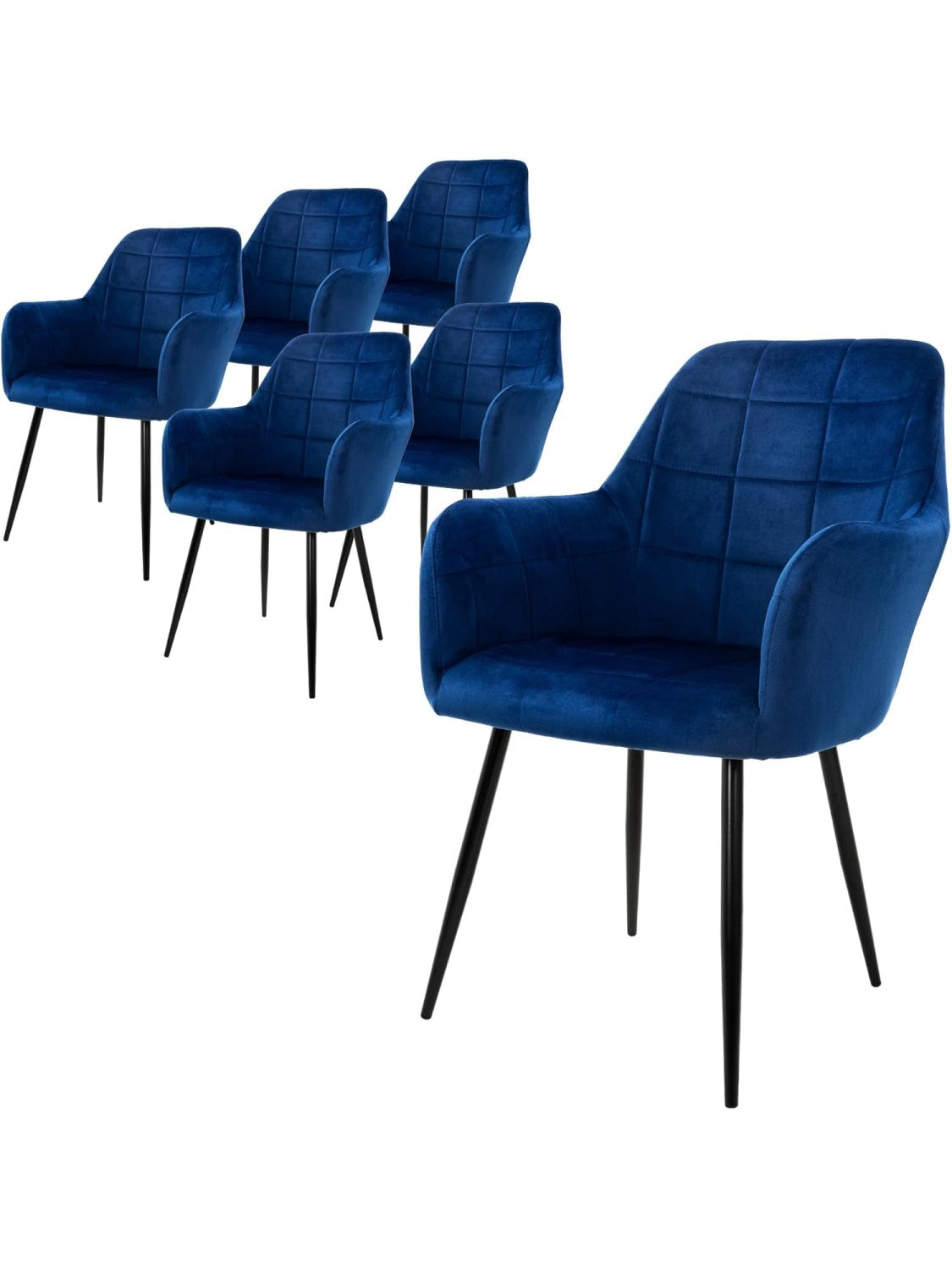 Juego de 6 Sillas Tapizadas en Terciopelo Azul Oscuro con Reposabrazos y Patas de Metal