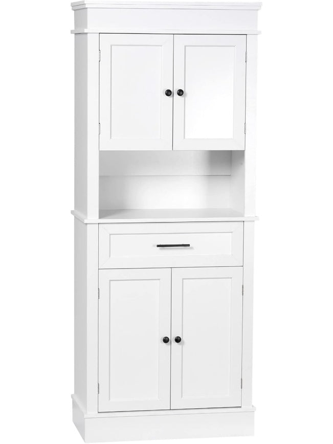 Alacena de Cocina con 4 Puertas, Cajon y Nicho para Microondas, Armario Auxiliar Blanco, 74 x 39.5 x 183 cm