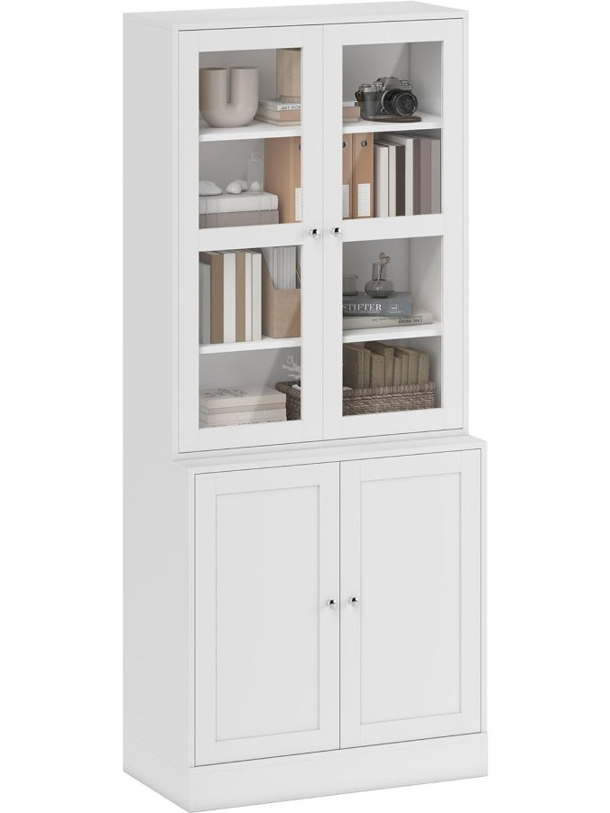 Armario Vitrina Alto con Estantes Ajustables, Libreria con 4 Puertas para Cocina, Oficina, Dormitorio o Salon, Blanco