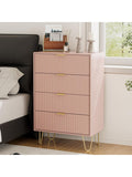 Sinfonier moderno de cuatro cajones con patas doradas y acabado rosa para dormitorio o recibidor