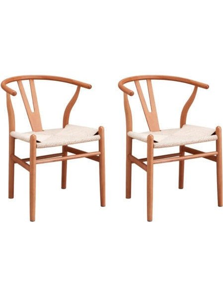 Pack de 2 Sillas de Comedor de Madera Natural con Asiento Trenzado Blanco, Estilo Escandinavo